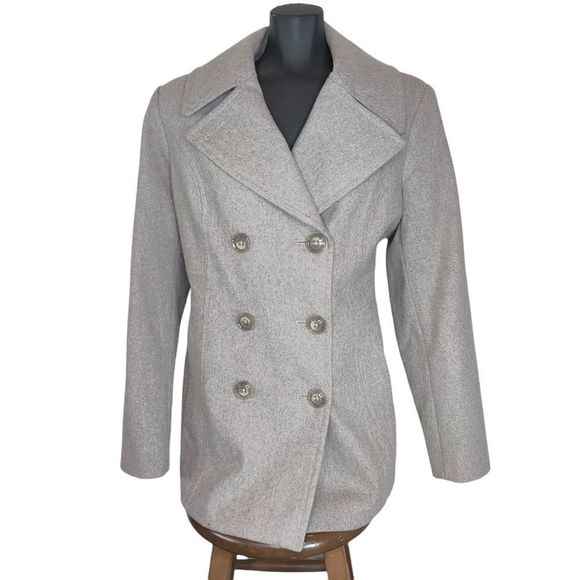 London Fog Wool Pea Coat Double Breast Notch Collar Sz L in Oatmeal Tan - Picture 1 of 15